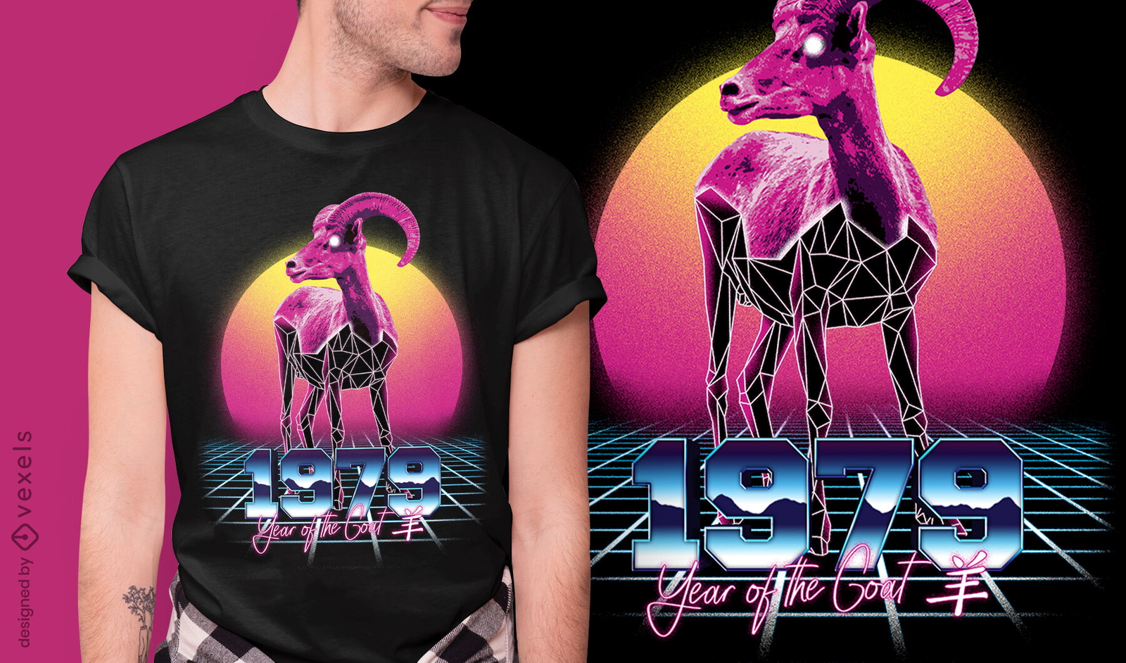 Camiseta de cabra com zodíaco chinês retrowave psd