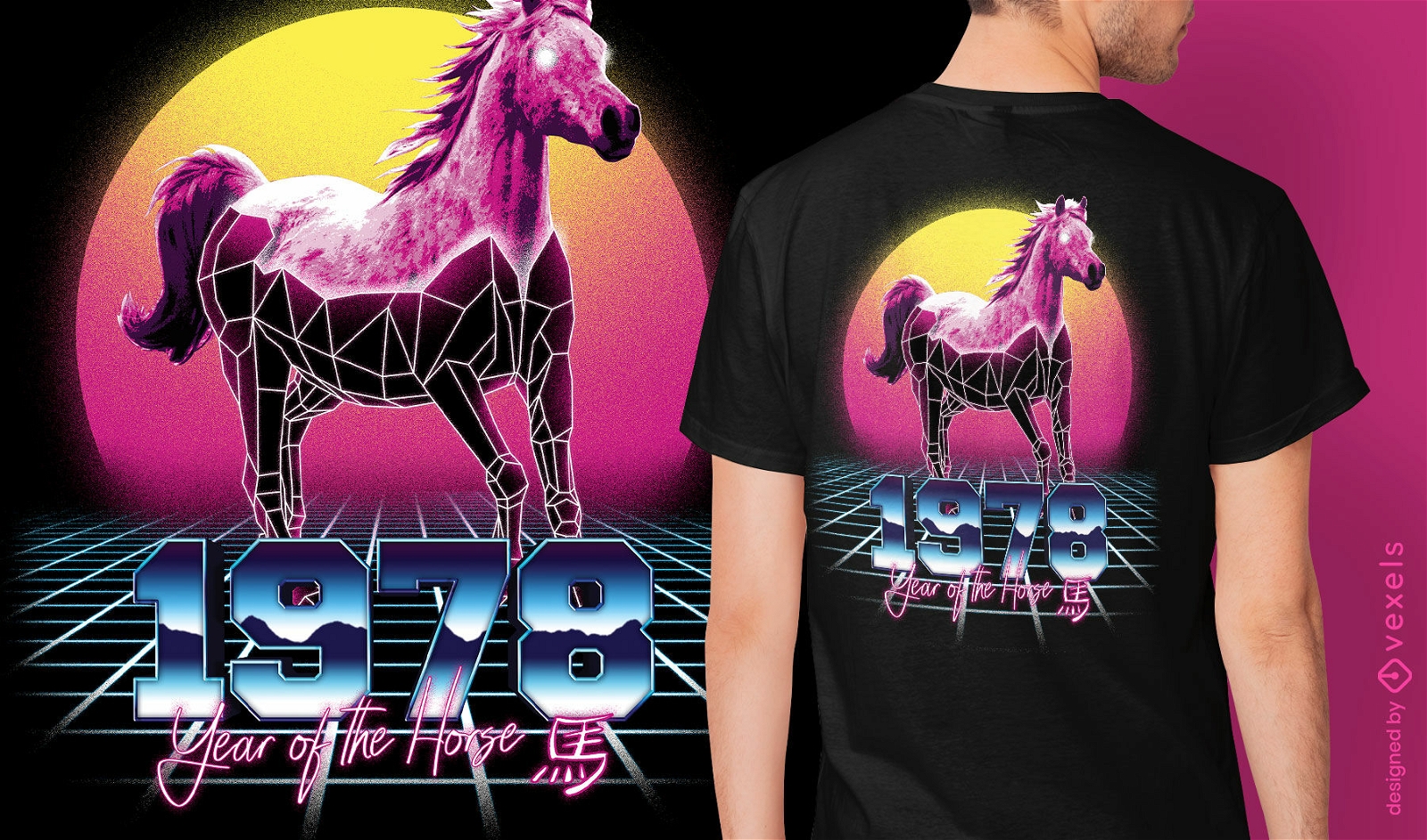 Pferd chinesisches Retrowave Sternzeichen T-Shirt psd