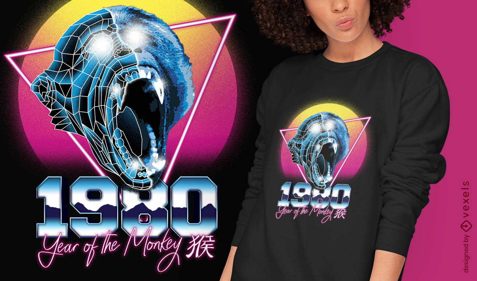 Affe chinesisches Retrowave Sternzeichen T-Shirt psd