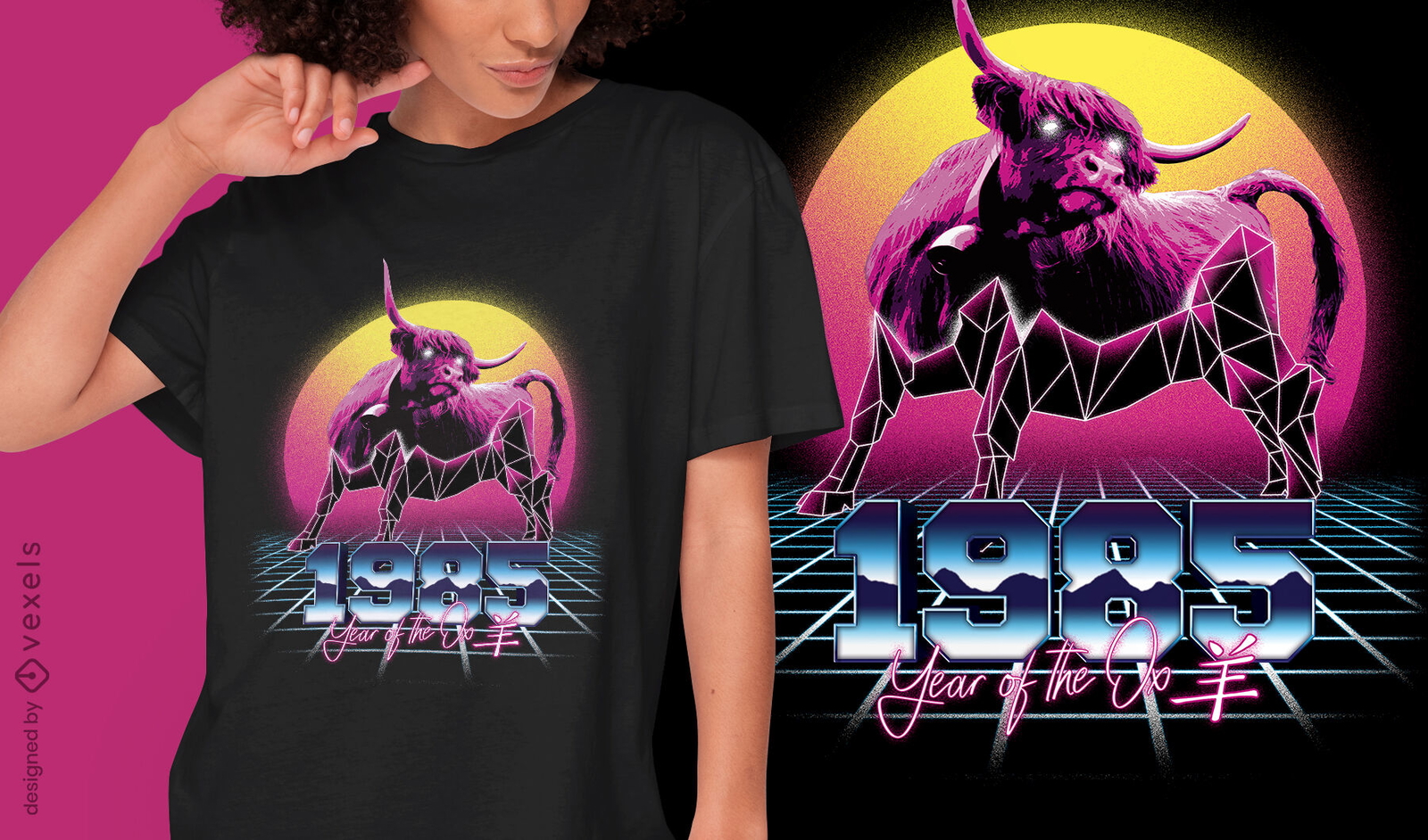 T-shirt do Zodíaco Chinês Bull Retrowave PSD