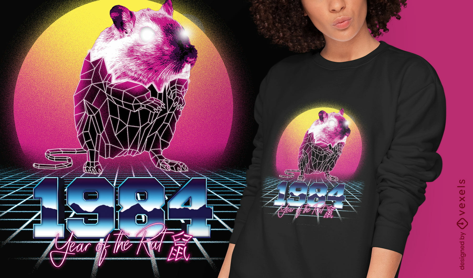 Camiseta de rato chinês com zodíaco retrowave psd