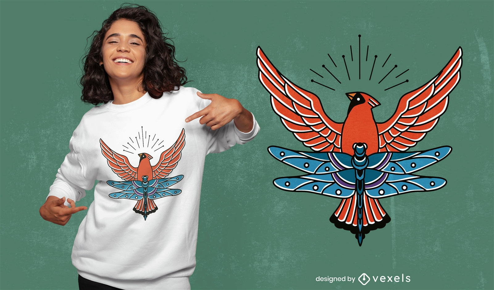 Diseño de camiseta de pájaro cardenal y libélula.