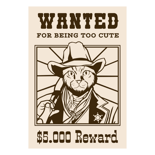 Wild west cute cat wanted sign filled stroke PNG Design