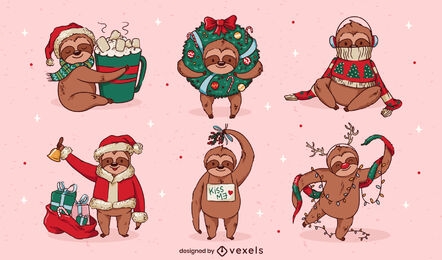 Funny Christmas sloth character set