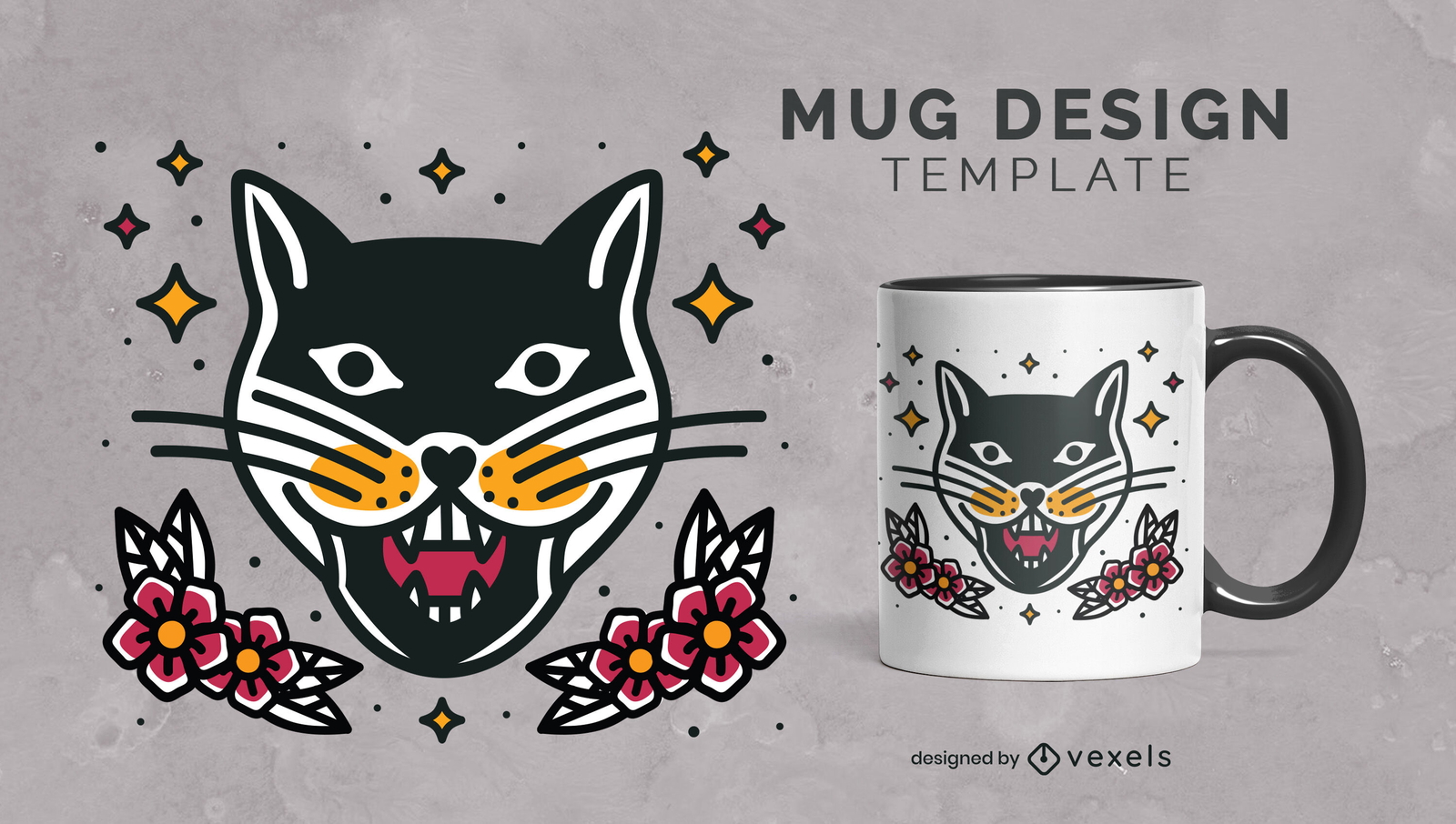 Diseño de taza floral con tatuaje de gato