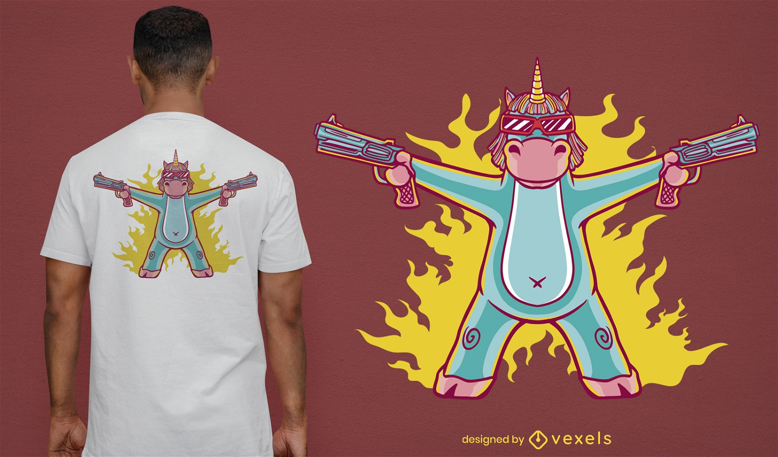 Unicórnio com design de t-shirt de desenho animado com armas