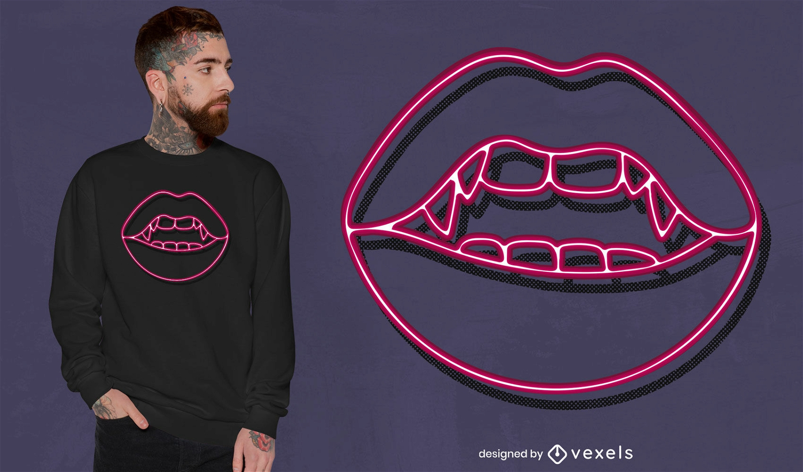 Boca de vampiro con diseño de camiseta de neón de colmillos.