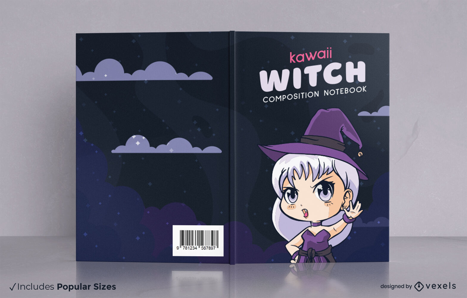 Diseño de portada de libro de personajes de bruja chibi