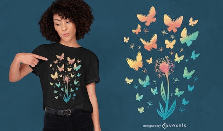 Diseño de camiseta de flor de diente de león y mariposas.