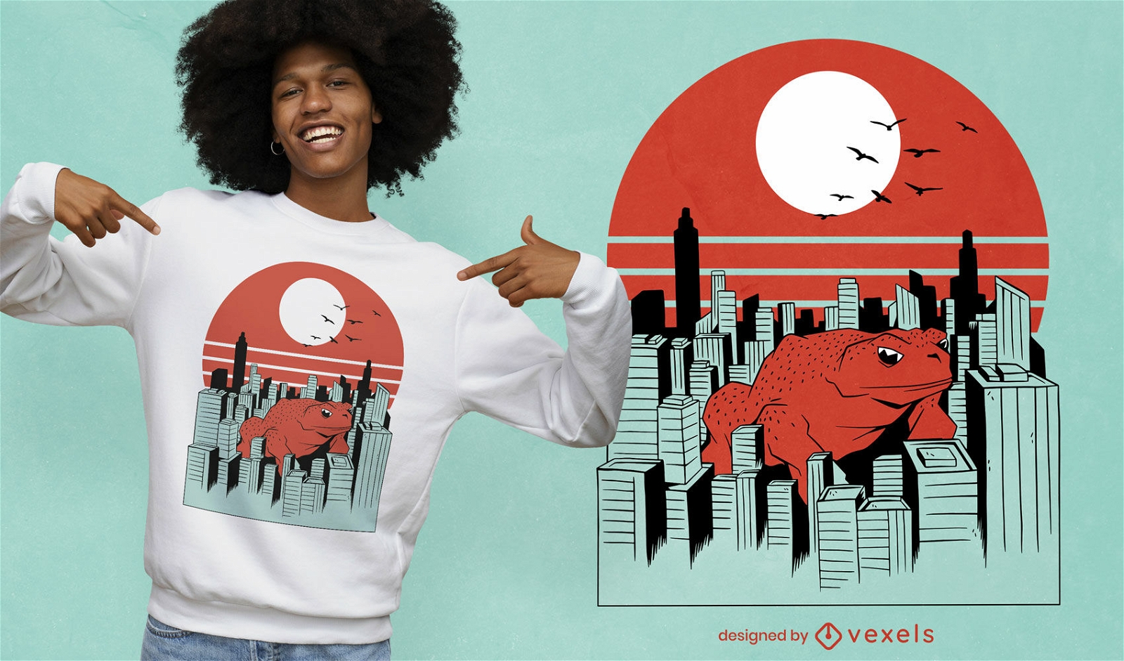 Animal de rana gigante en diseño de camiseta de la ciudad.