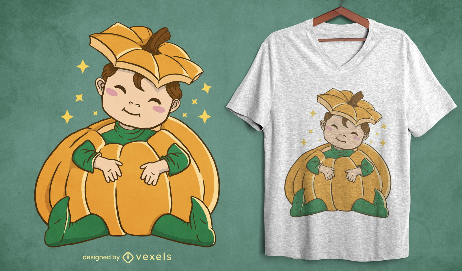 Design de t-shirt com fantasia de abóbora de bebê para o Dia das Bruxas