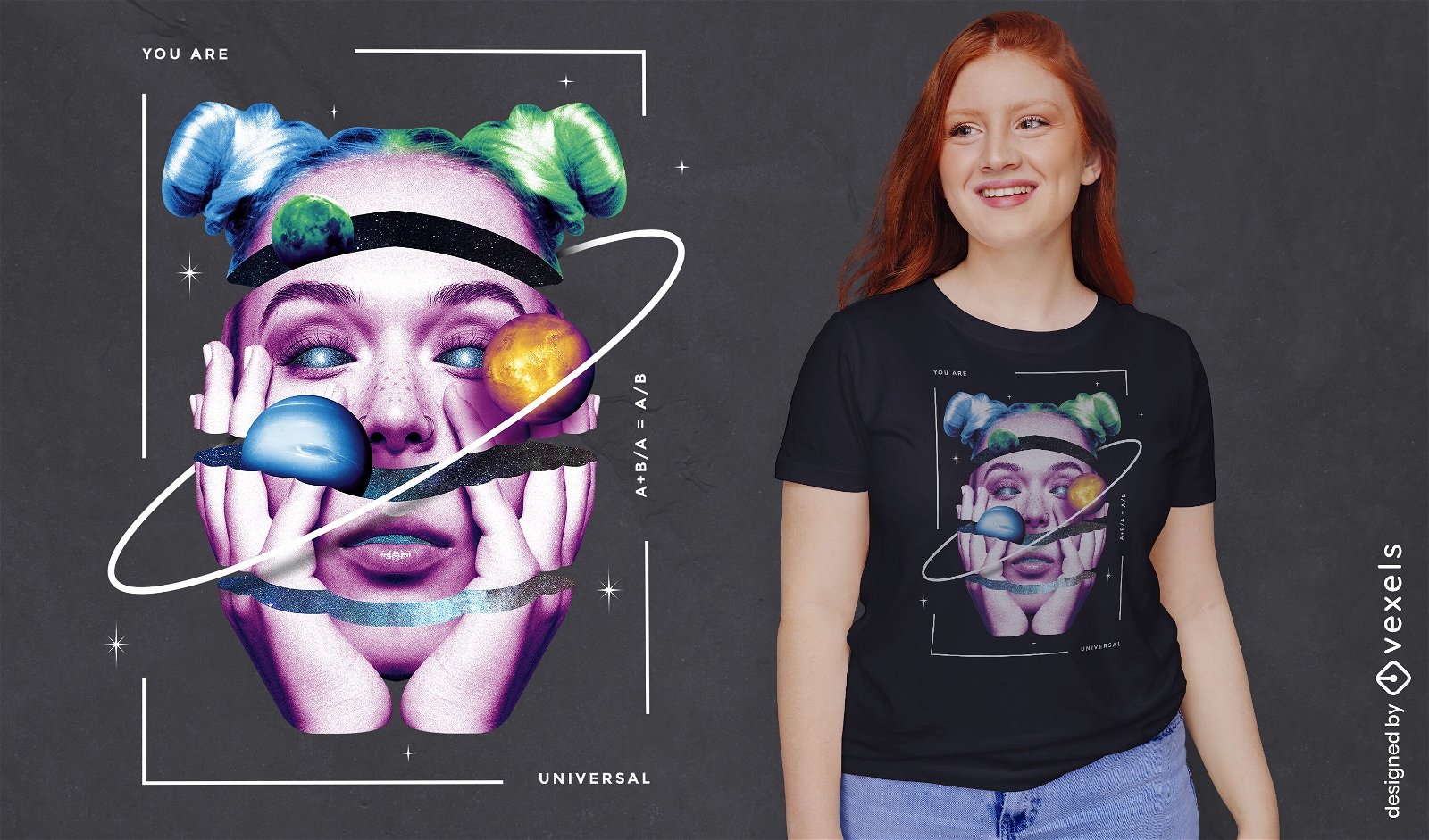 Camiseta de chica espacial con collage de planetas psd