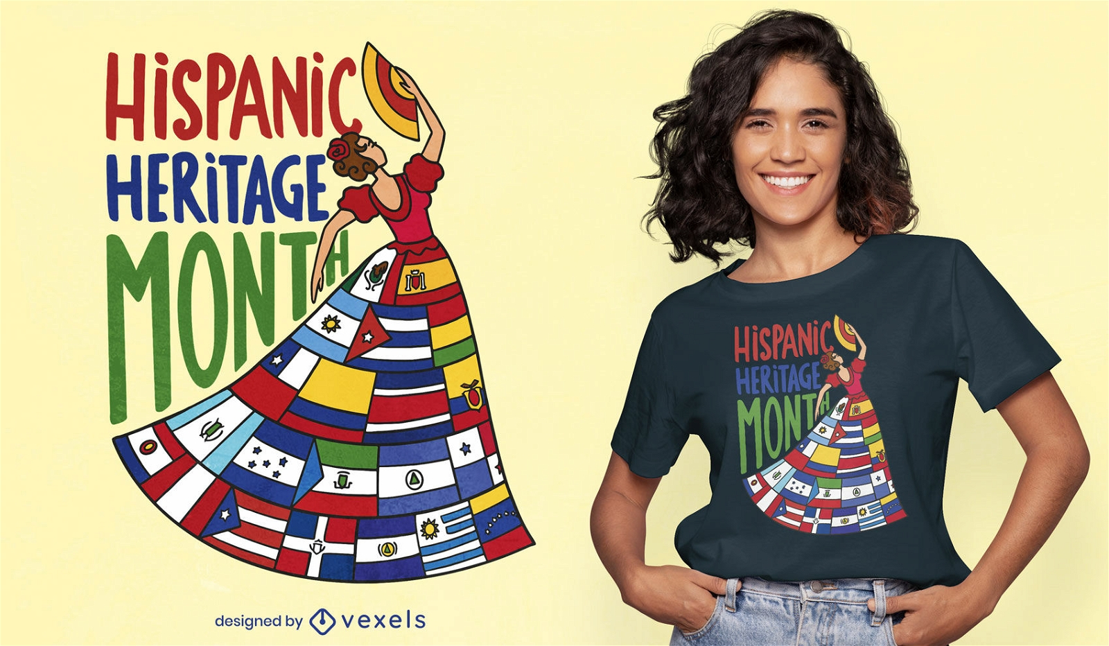 Mulher com design de t-shirt com bandeiras do país latino