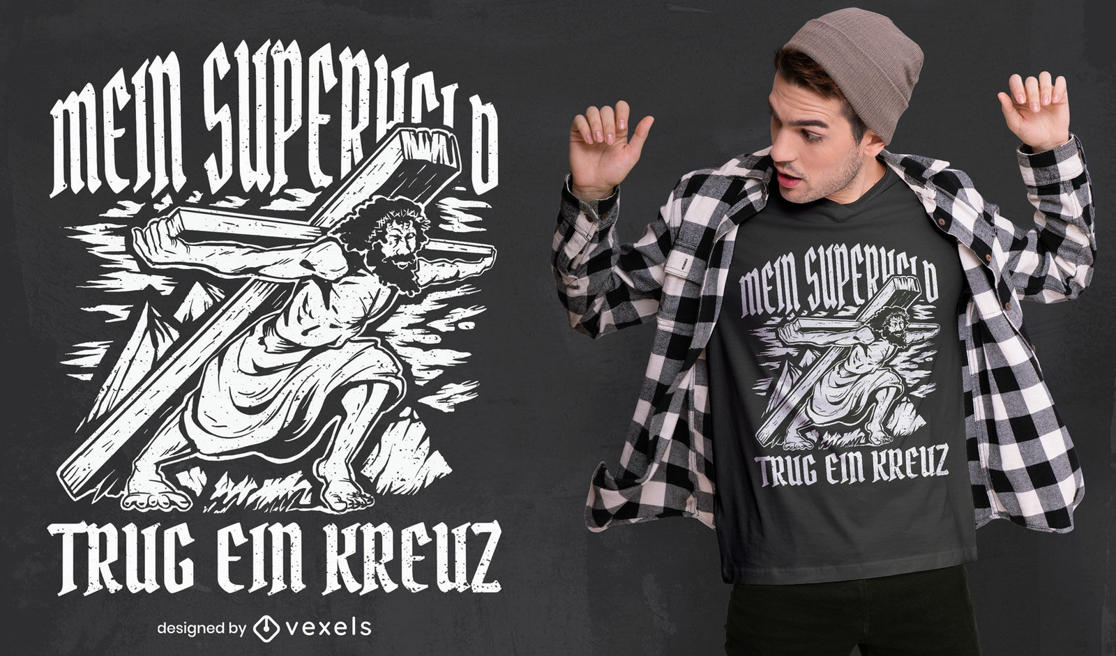 Jesús llevando cruz diseño de camiseta religiosa.