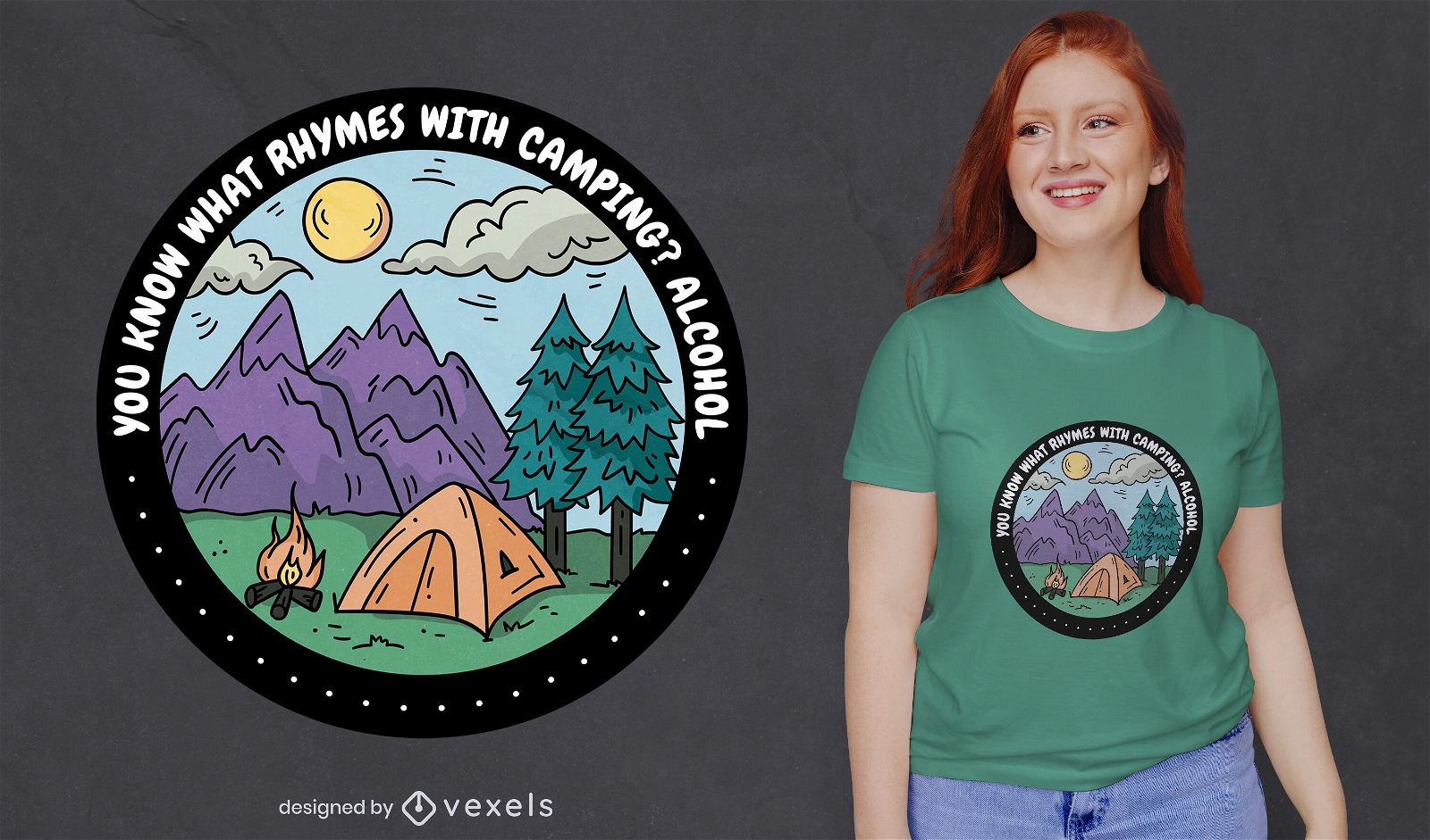 Camping mit T-Shirt-Design mit Alkoholabzeichen