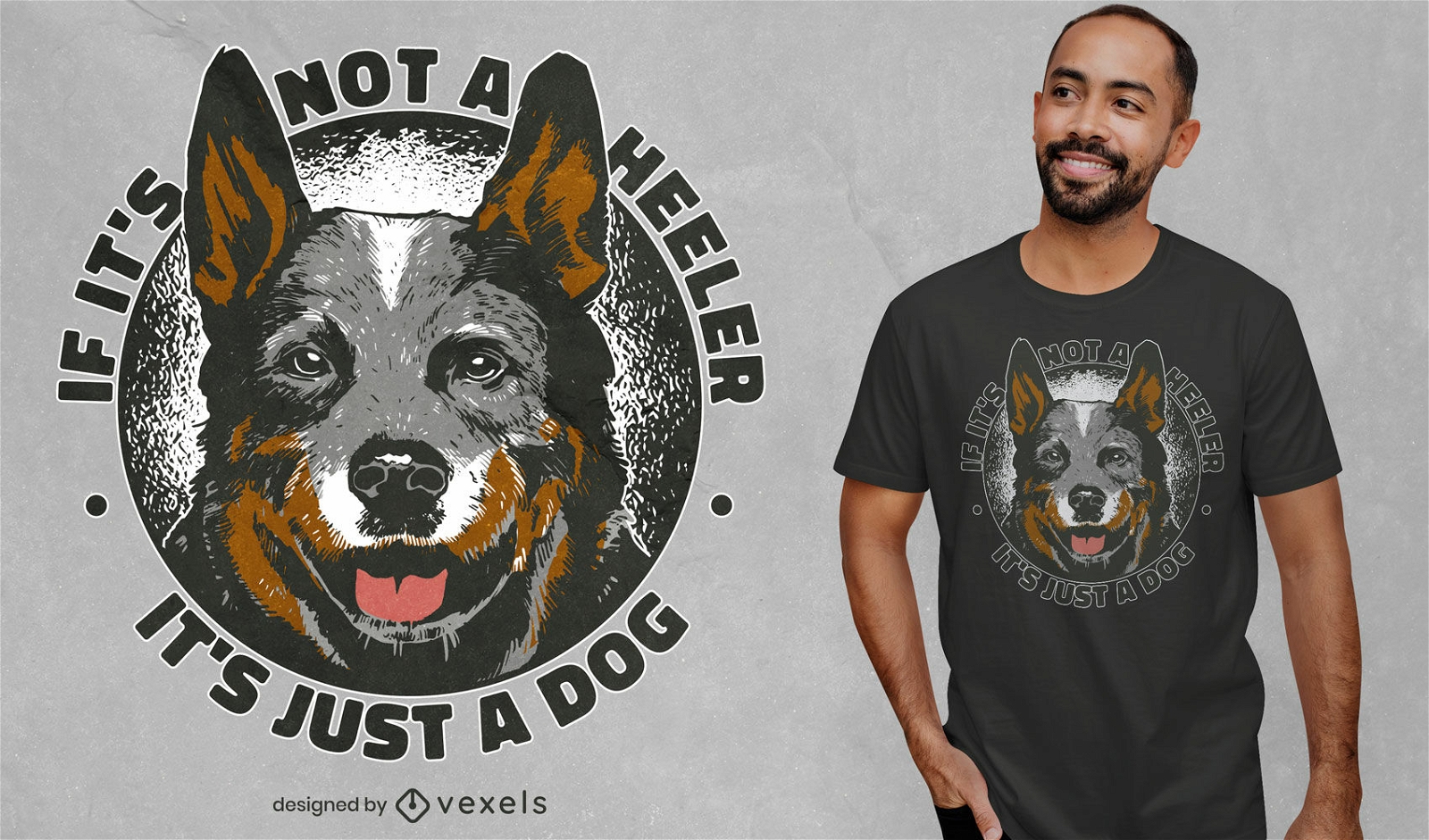 Design de camiseta com crach? de animal de cachorro Heeler