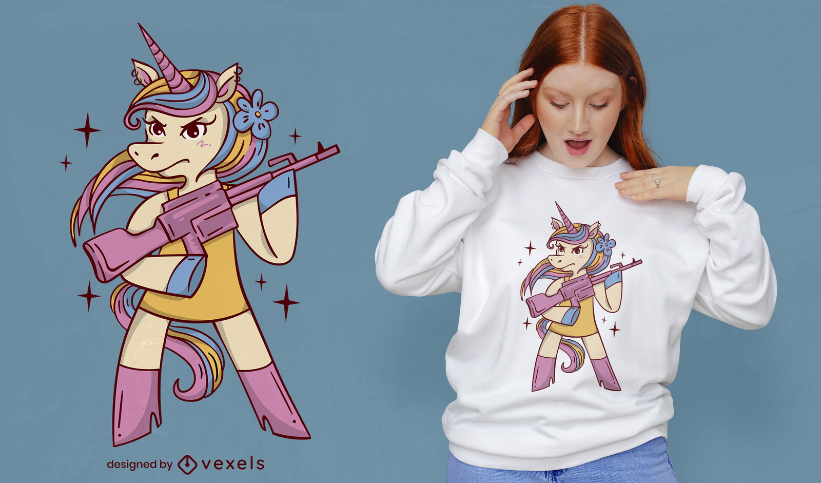 Unicornio con diseño de camiseta de ametralladora.