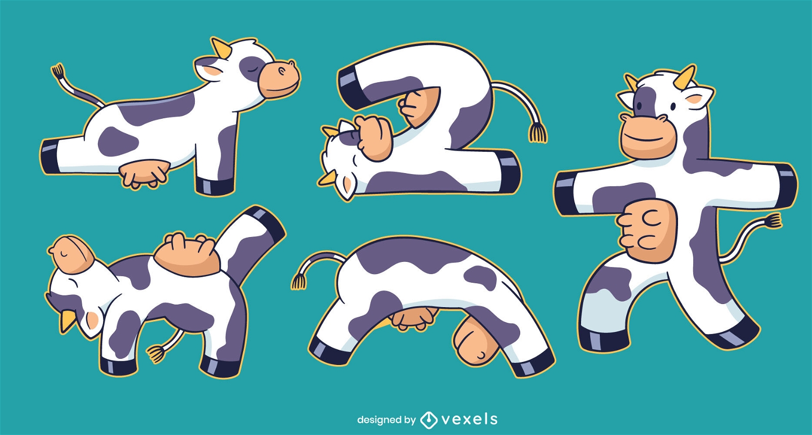 Cute stretching cow character set design