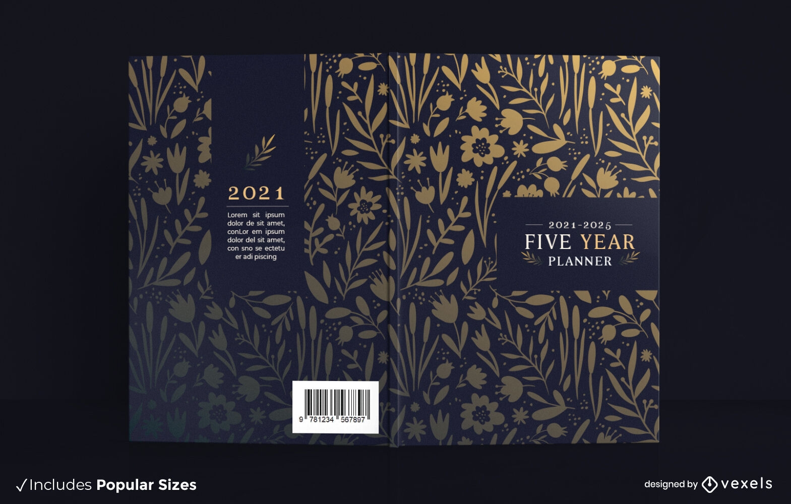 Design da capa do livro planejador de flores douradas