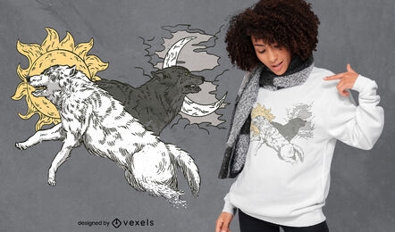 Diseño de camiseta de lobos con luna y sol.