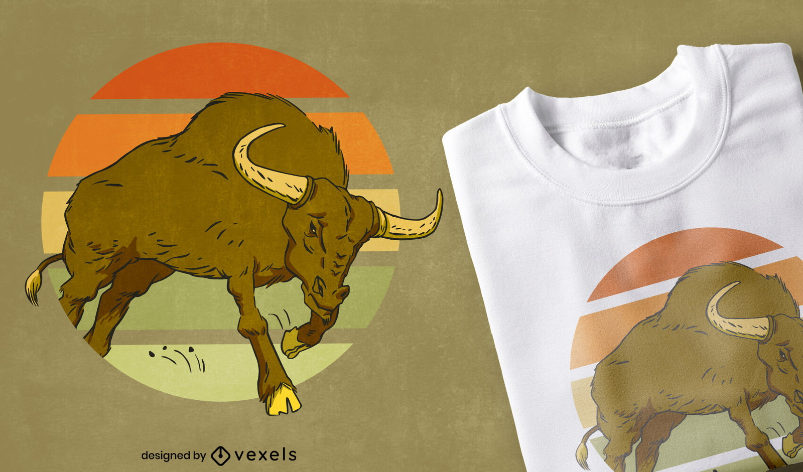 Animal de toro en diseño de camiseta retro puesta de sol