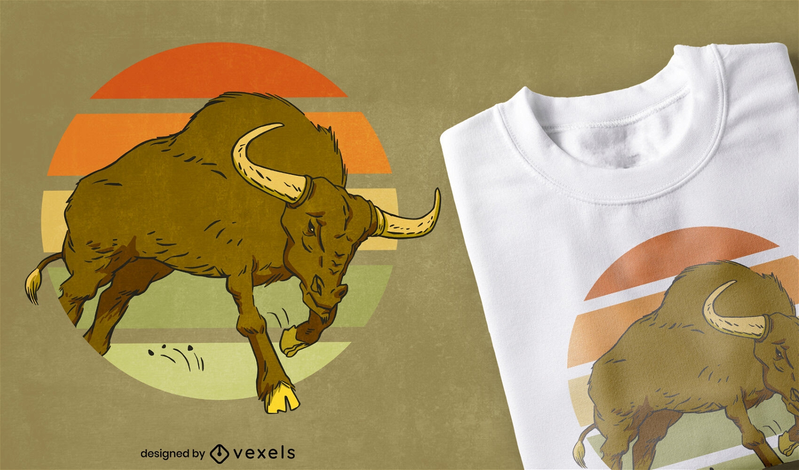 Animal touro em design retrô de camiseta com o pôr do sol
