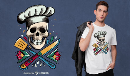 Desenho de t-shirt de tatuagem de caveira cozinhando