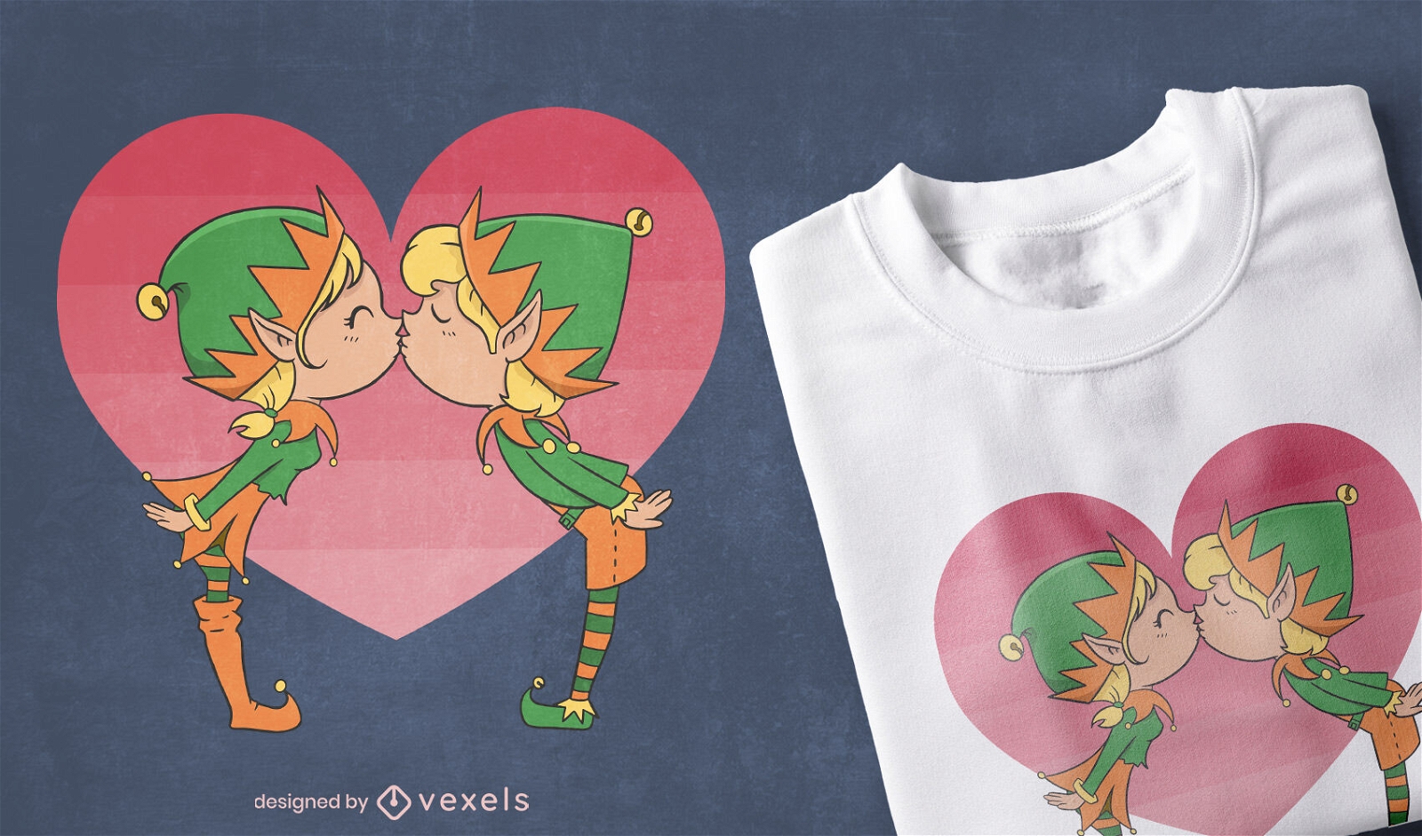 Casal de duendes apaixonado beijando o design de uma camiseta