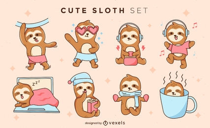 Cute sloth character illustration set design