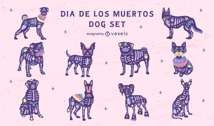 Day of the dead dogs illustrations set 