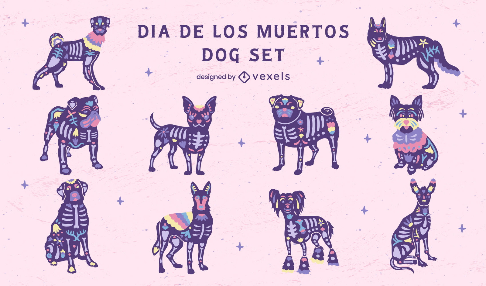 Conjunto de ilustraciones de perros del día de los muertos.