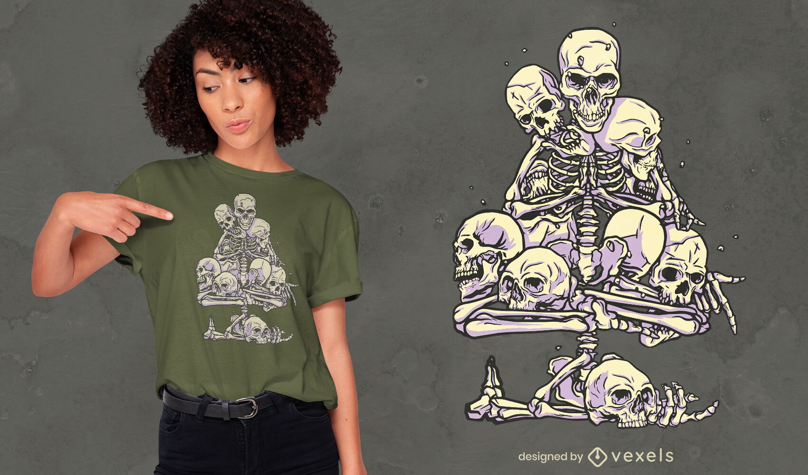 Diseño de camiseta de esqueleto y calaveras.