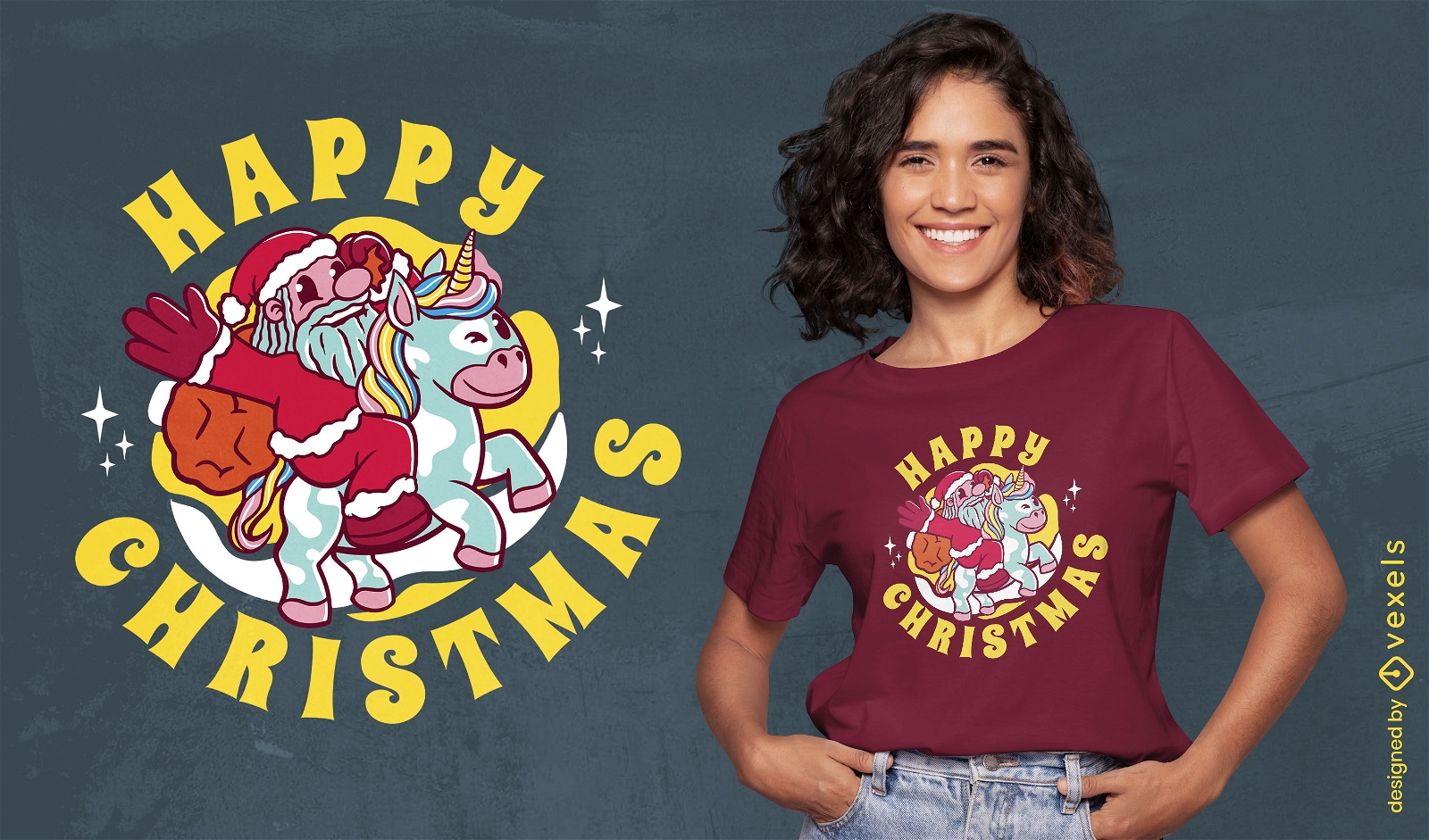 Santa claus riding unicorn t-shirt design