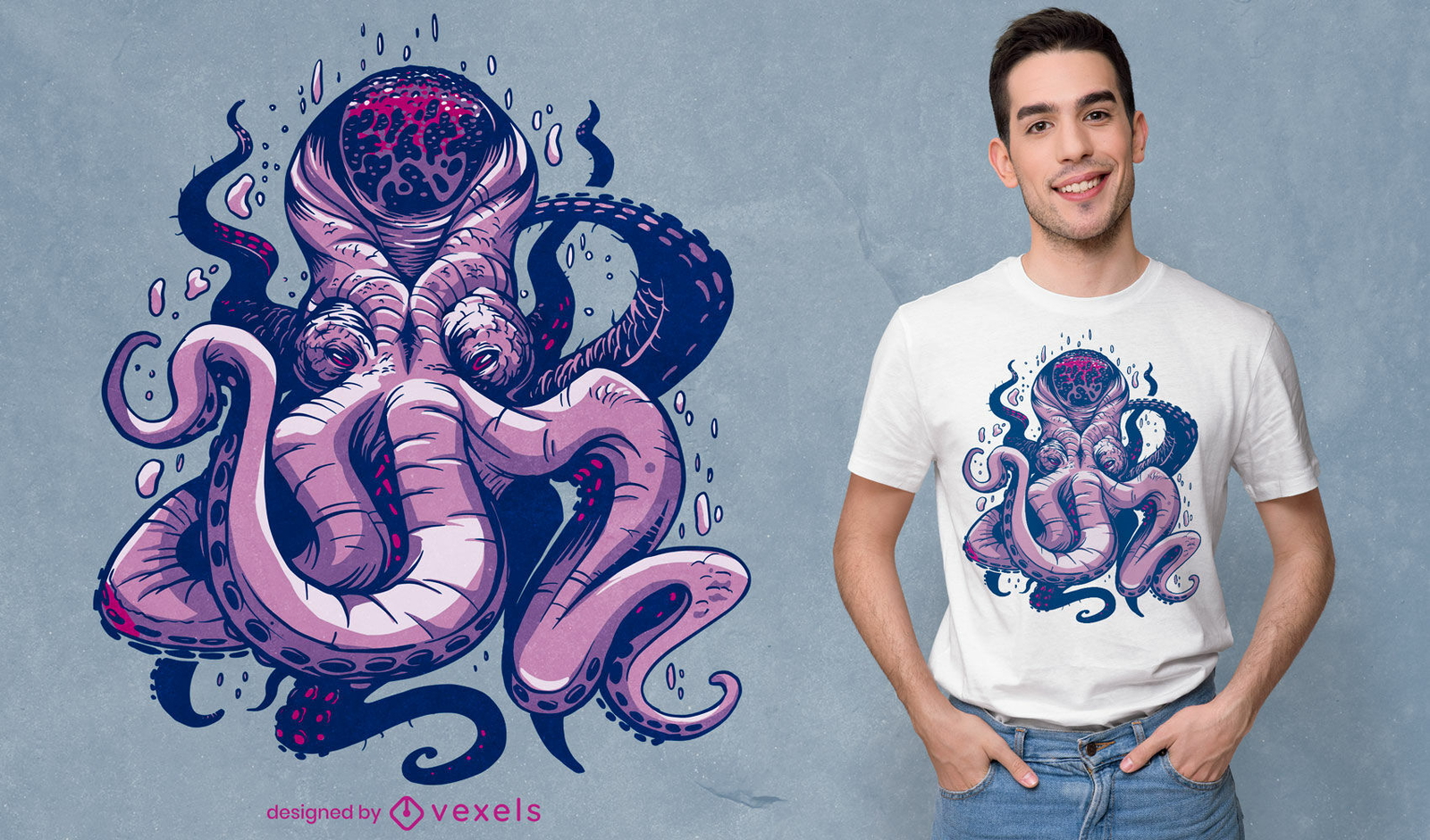 Diseño de camiseta de kraken morado.