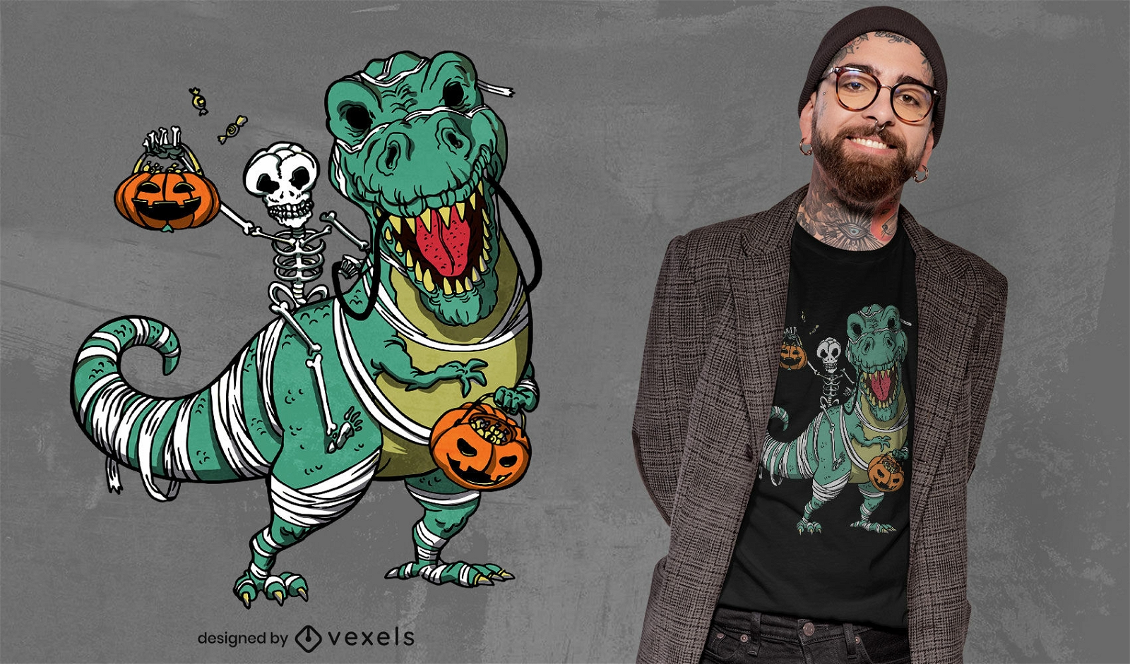 Design de t-shirt de esqueleto e t-rex para o Dia das Bruxas