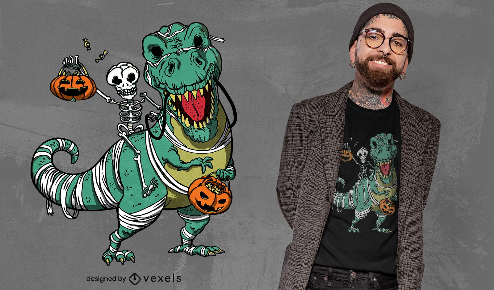 Diseño de camiseta de esqueleto y t-rex de Halloween.