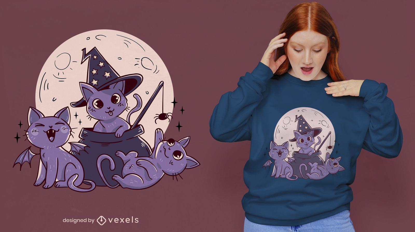 Diseño de camiseta de gatos lindos de halloween y luna