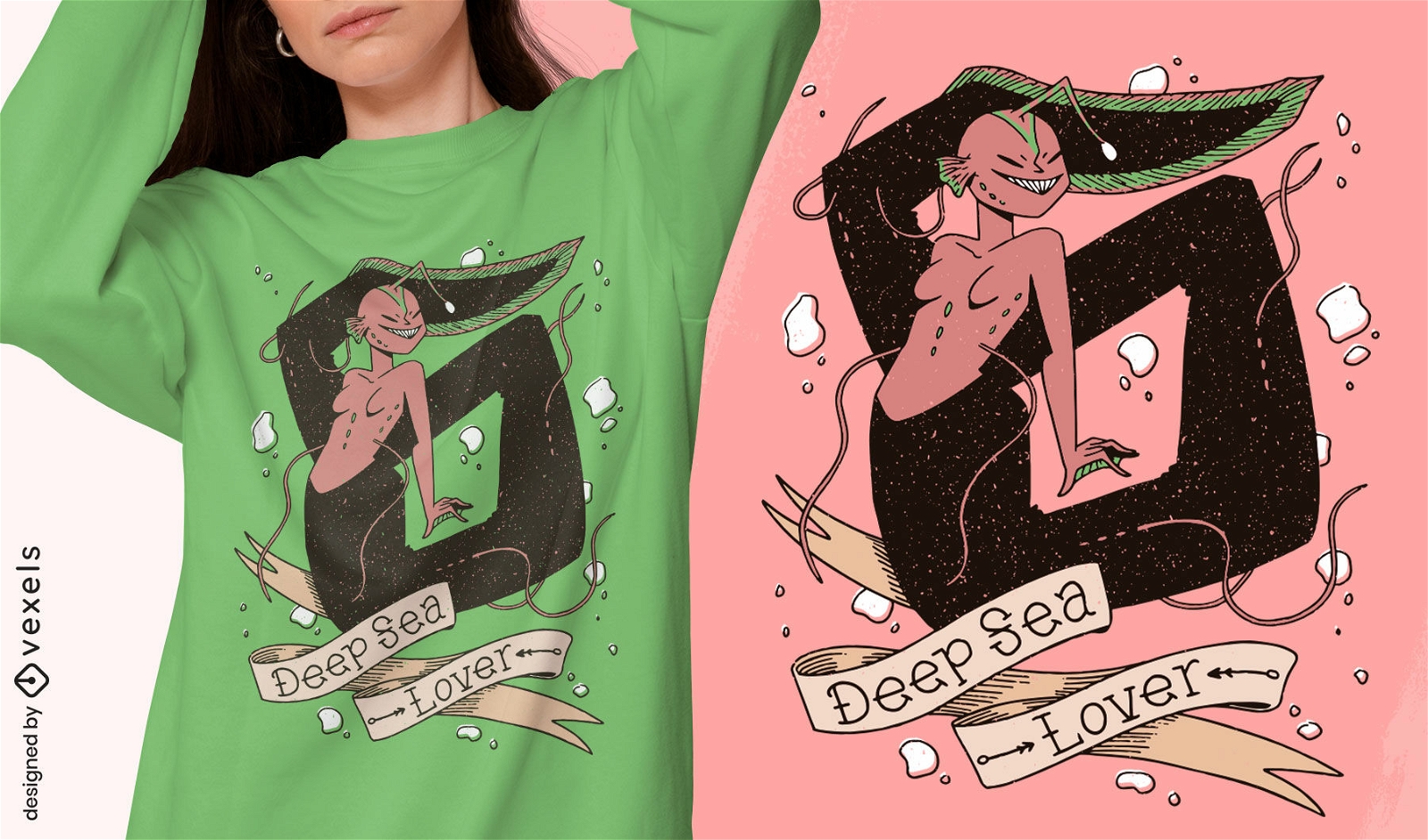 Design de t-shirt de monstro marinho sereia assustador