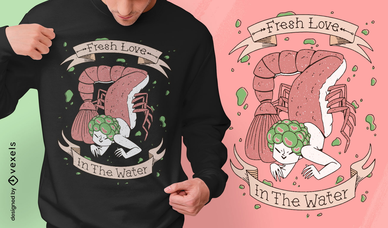 Design de camiseta de criatura de lagosta sereia assustadora