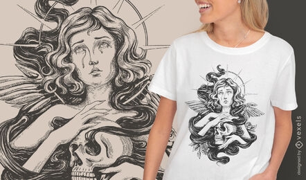 Ángel femenino con calavera dibujada a mano camiseta psd