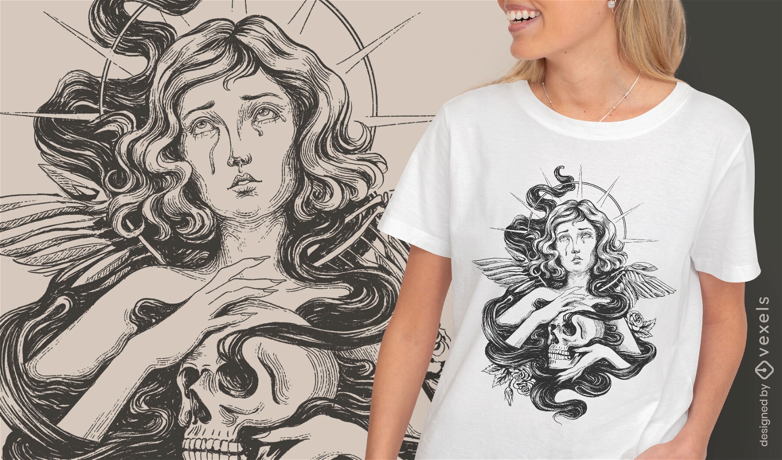 Weiblicher Engel mit handgezeichnetem T-Shirt PSD des Schädels