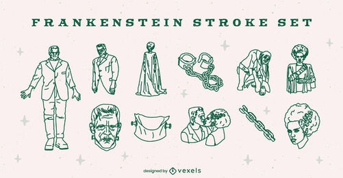 Frankenstein Halloween illustrations set stroke