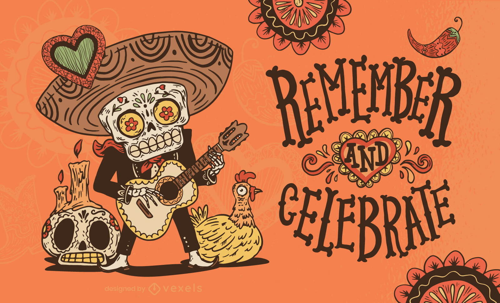 Ilustración del día de los muertos del músico esqueleto