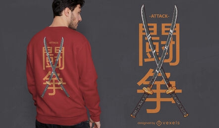 Diseño de camiseta de espadas japonesas dobles.