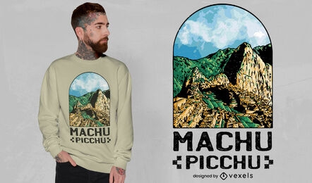 Diseño de camiseta de paisaje de ventana de machu picchu.