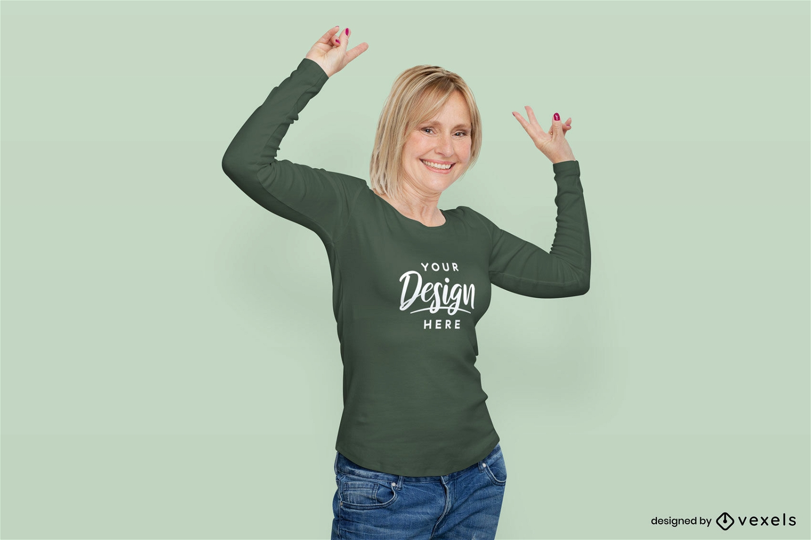 Woman in green long sleeve t-shirt mockup