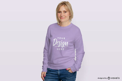 Woman in purple sweatshirt flat background mockup