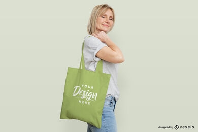 Woman green tote bag flat background mockup