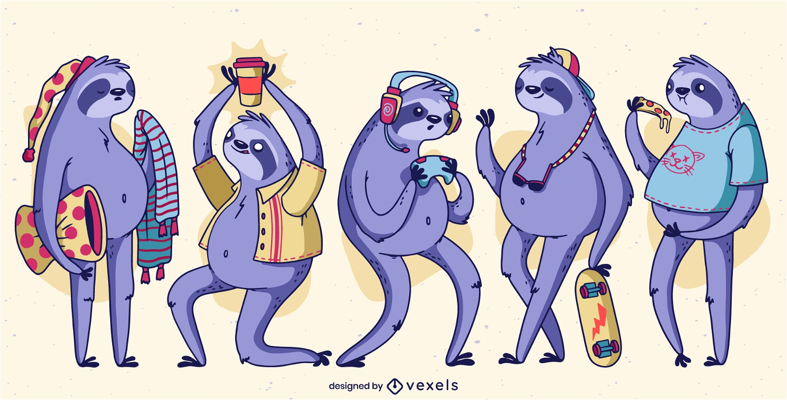 Sloth animals personalities cartoon set