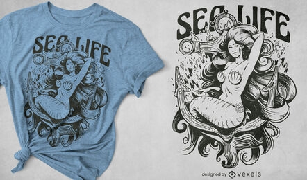 Sirena mitológica en diseño de camiseta de ancla.